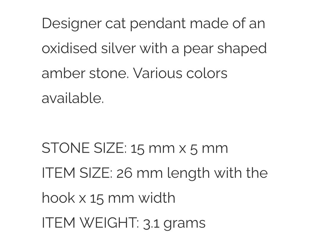 Designer Amber Silver Cat Pendant. FREE DELIVERY - Sayby’s Sanctuary