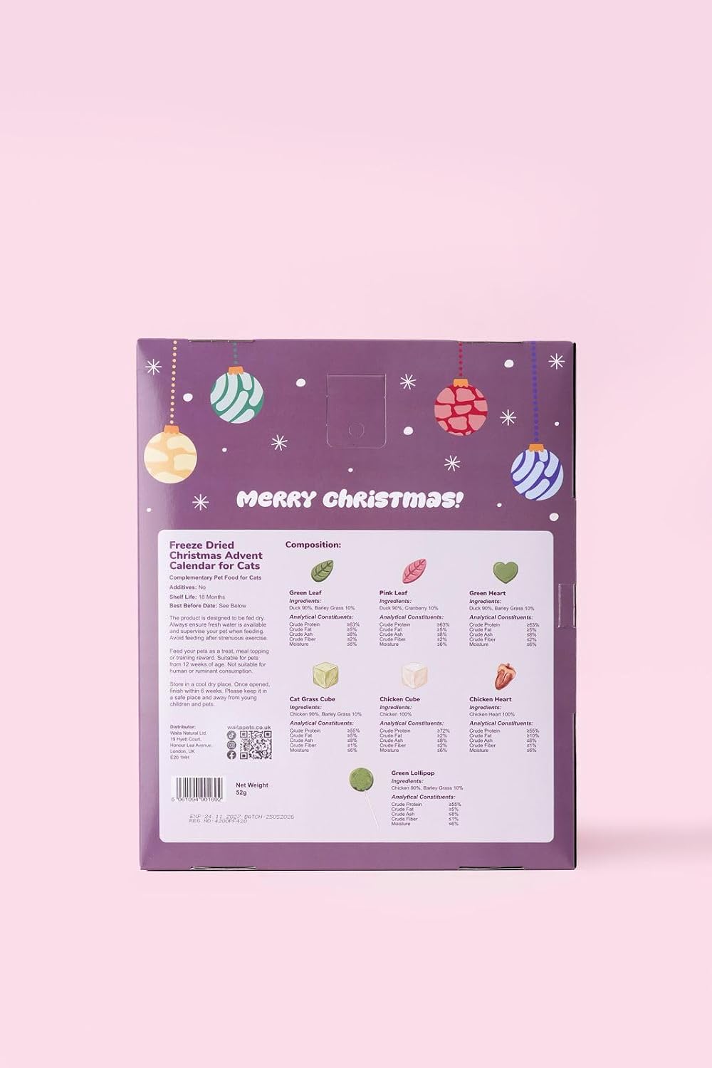 Cat Christmas Advent Calendar with Freeze-Dried Treats – Duck, Chicken, Chicken Heart, Barley Grass & Cranberry, 52g