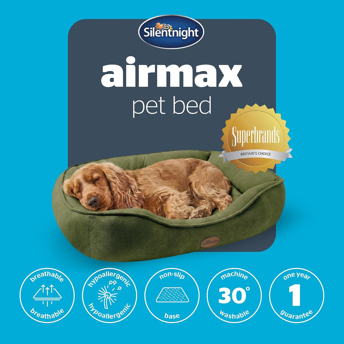 Silentnight Airmax Pet Bed - Comfortable Support for Head & Body - Breathable Prevent Overheating - Reversible Removable Cushion & Non-Slip Base - Easy Clean Machine Washable Dog Bed, Green, Small