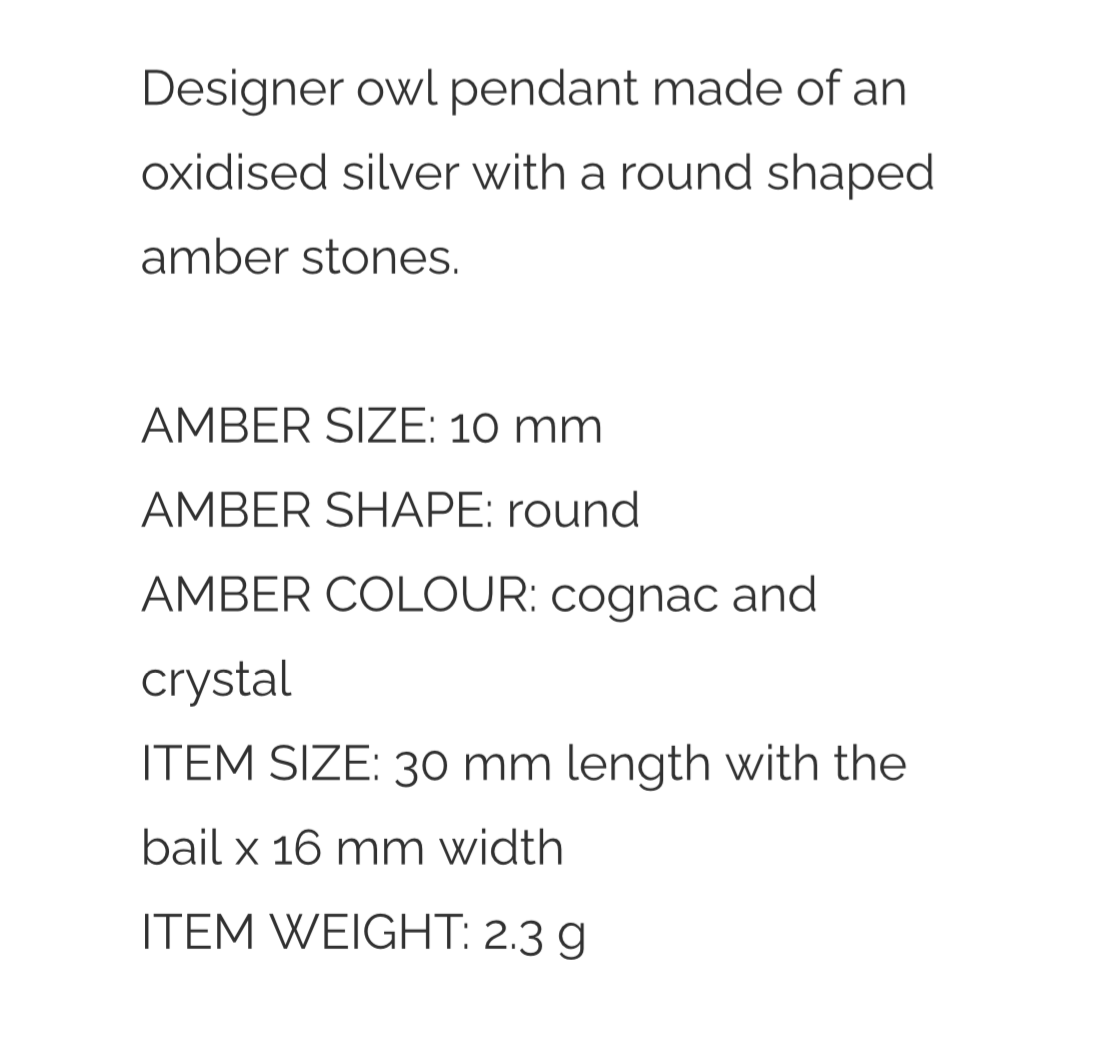 Small Owl Amber Zirconia Silver Pendant. FREE DELIVERY - Sayby’s Sanctuary