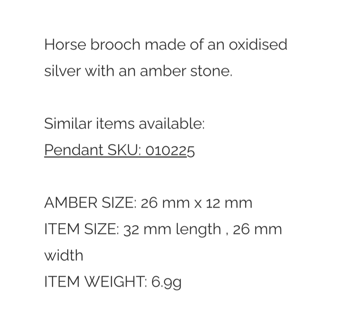 Designer Amber Sterling Silver Horse Brooch. FREE DELIVERY - Sayby’s Sanctuary
