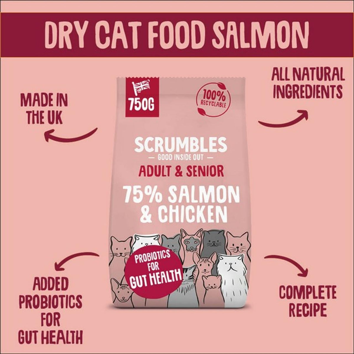 Scrumbles • Dry Cat Food • Hypoallergenic • All Lifestages • Chicken 74% • 700g Bag • Joint Care • Natural Complete Adult Recipe • Gut Friendly Prebiotics & Probiotics • Gluten Free