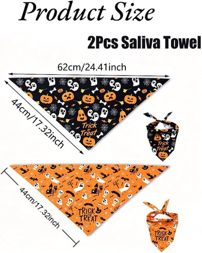 2Pcs Dog Halloween Costume, Pet Triangle Bandana, Black Orange Pumpkin Ghost Print Soft Bandanas, for Large Medium Small Dogs Cats, Halloween Cosplay Party Costumes, Holiday Photo Accessories