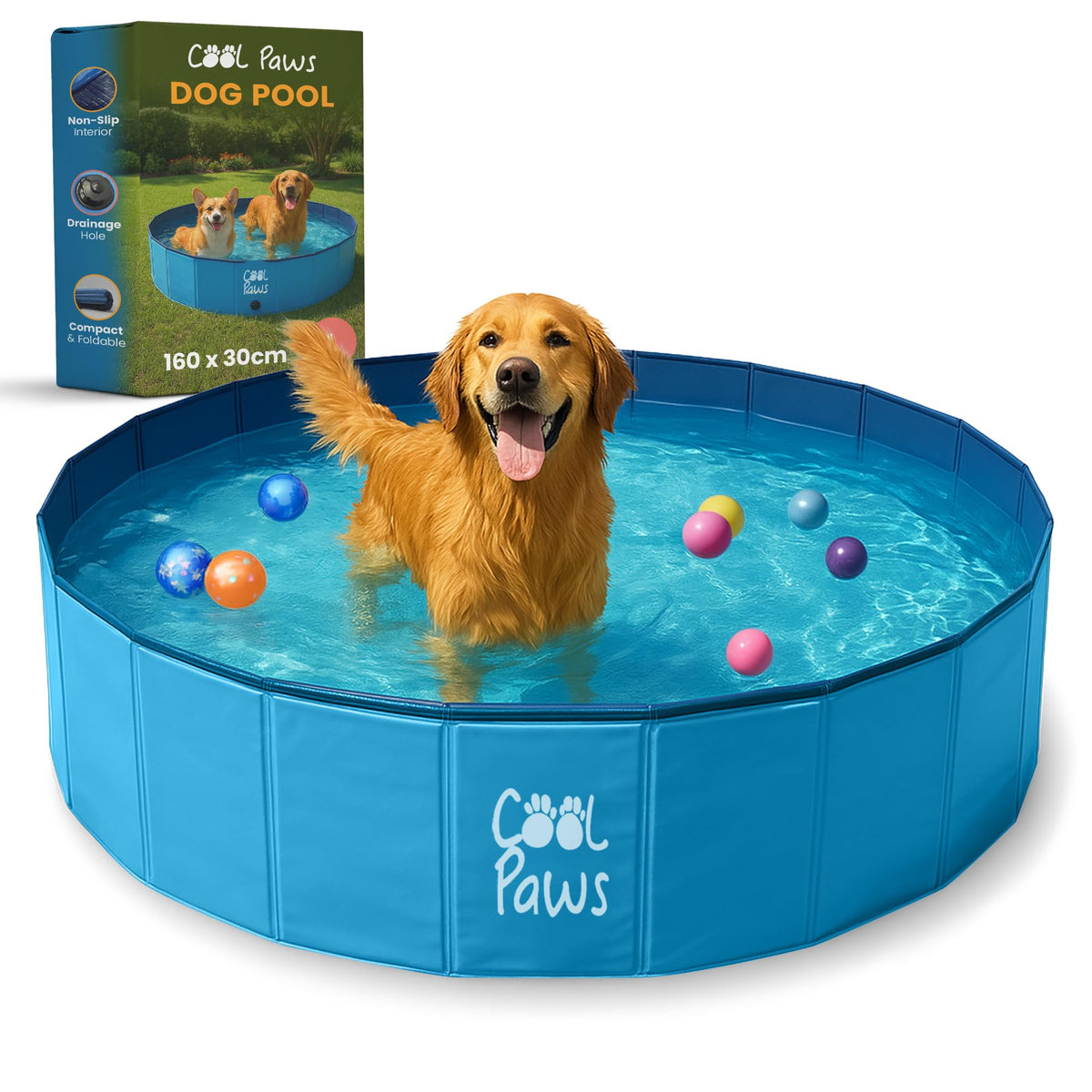 Foldable Paddling Pool for Dogs & Kids Blue