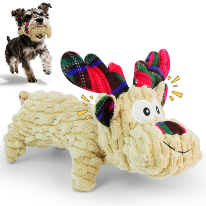 Christmas Dog Toy – Reindeer Plush with Squeaker & Crinkle Ears Durable Corduroy Texture Soft PP Cotton Filled Festive Gift Toy for Small & Medium Dogs Cute Holiday Chew & Fetch Toy