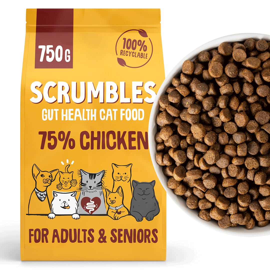 Scrumbles • Dry Cat Food • Hypoallergenic • All Lifestages • Chicken 74% • 700g Bag • Joint Care • Natural Complete Adult Recipe • Gut Friendly Prebiotics & Probiotics • Gluten Free