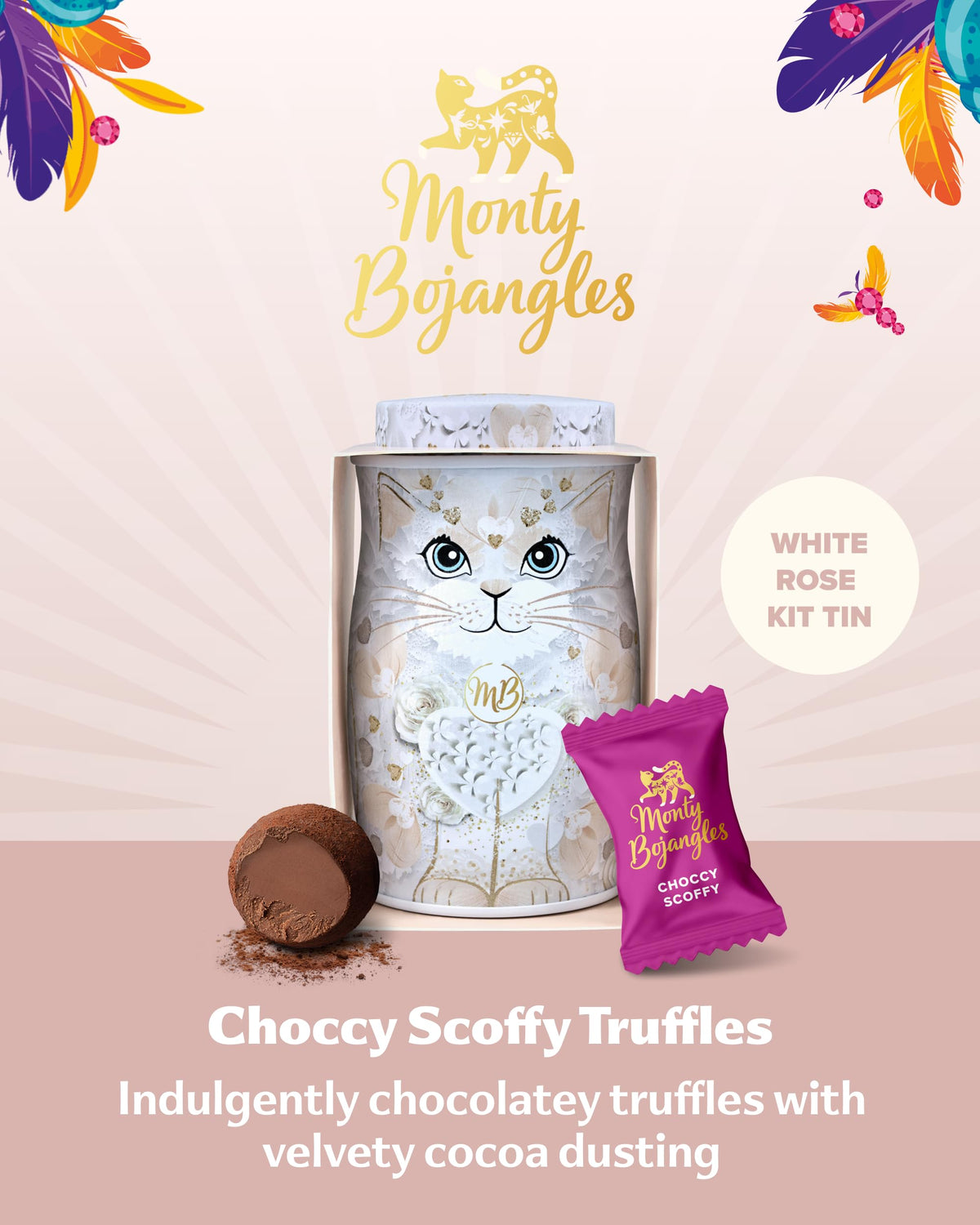 Monty Bojangles Kit-Tins Cocoa Dusted Chocolate Truffles Gift Set (4 x 36g) Four Flavours In One, Luxury Chocolatey Truffles - Collectable Cat Tins, Truffles Chocolate Gift Box With Bespoke Design