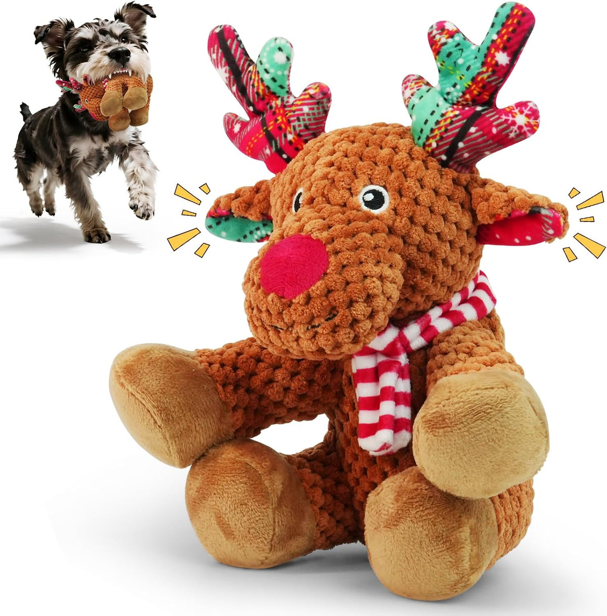 Christmas Dog Toy – Reindeer Plush with Squeaker & Crinkle Ears Durable Corduroy Texture Soft PP Cotton Filled Festive Gift Toy for Small & Medium Dogs Cute Holiday Chew & Fetch Toy