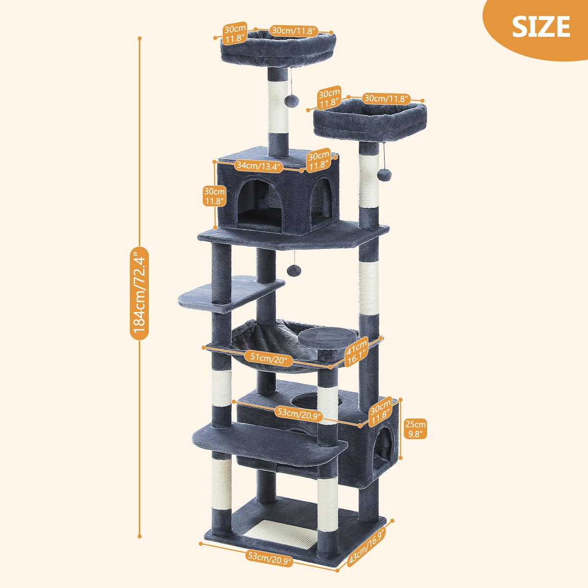 184cm Tall Cat Tree Tower for Large Cats