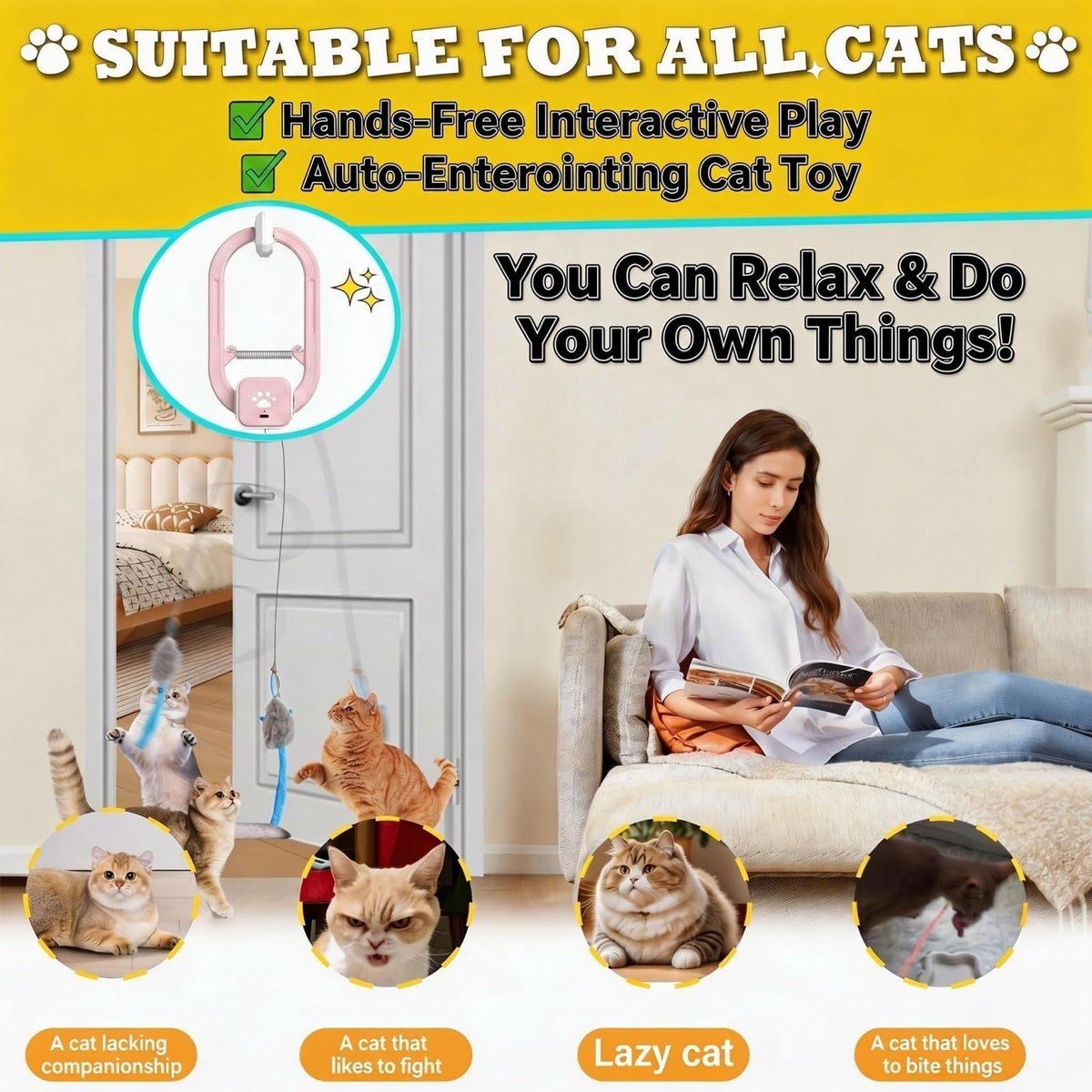 Interactive Rechargeable Cat Teaser Toy with Door Clip