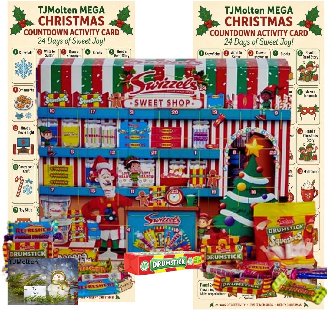 Sweets Advent Calendar 2026 - Retro sweets adventcalendar | Countdown to Christmas selections sweets | Gluten Free Advent Calendar for Kids Men Women 220 g & TJMolten activity card (swizels advent)