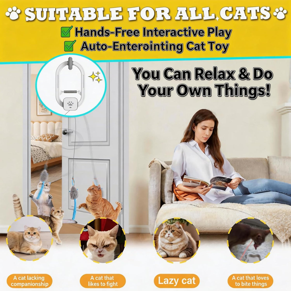 Interactive Rechargeable Cat Teaser Toy with Door Clip
