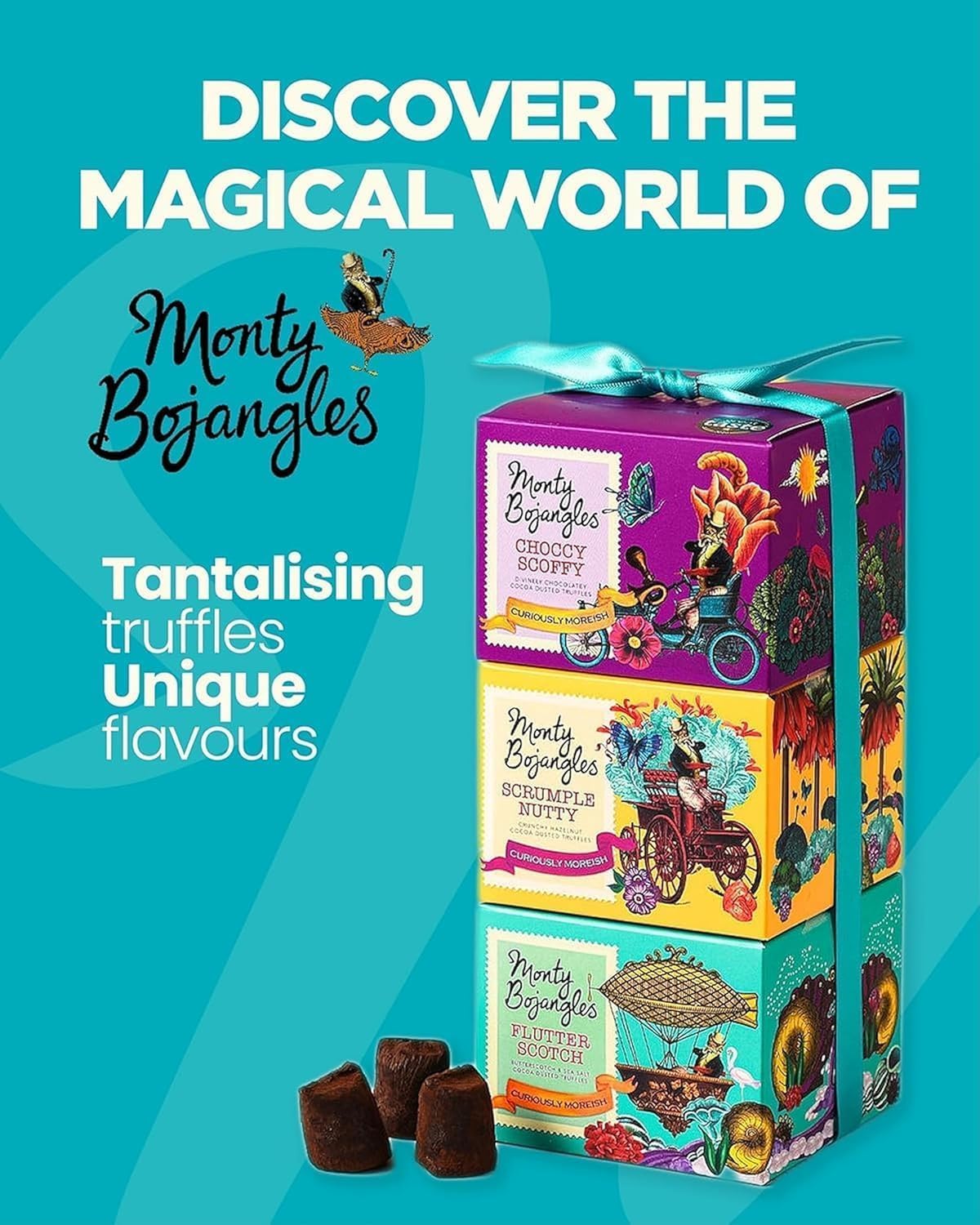 Monty Bojangles Cocoa Dusted Truffles Gift Tower (3 x 100g Pack)- 3 Luxury Chocolate Truffle Boxes - Choccy Scoffy, Scrumple Nutty & Flutter Scotch- The Perfect Chocolate Gift Box Selection