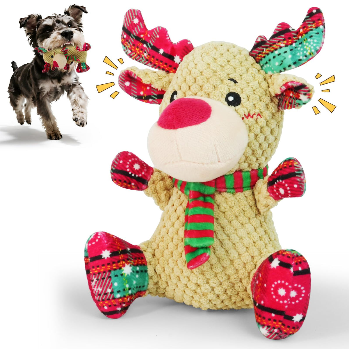 Christmas Dog Toy – Reindeer Plush with Squeaker & Crinkle Ears Durable Corduroy Texture Soft PP Cotton Filled Festive Gift Toy for Small & Medium Dogs Cute Holiday Chew & Fetch Toy