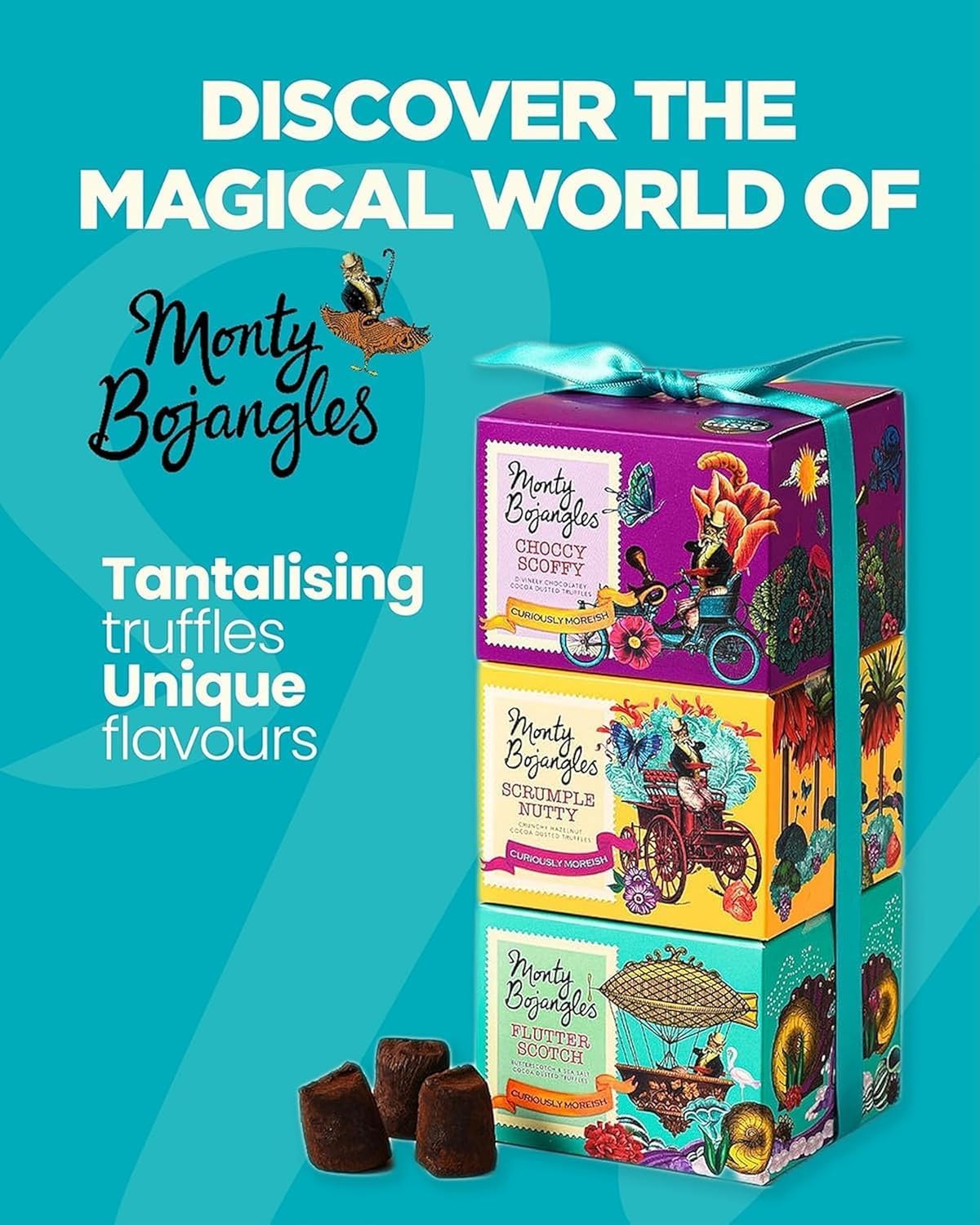 Monty Bojangles Cocoa Dusted Truffles Gift Tower (3 x 100g Pack)- 3 Luxury Chocolate Truffle Boxes - Choccy Scoffy, Scrumple Nutty & Flutter Scotch- The Perfect Chocolate Gift Box Selection