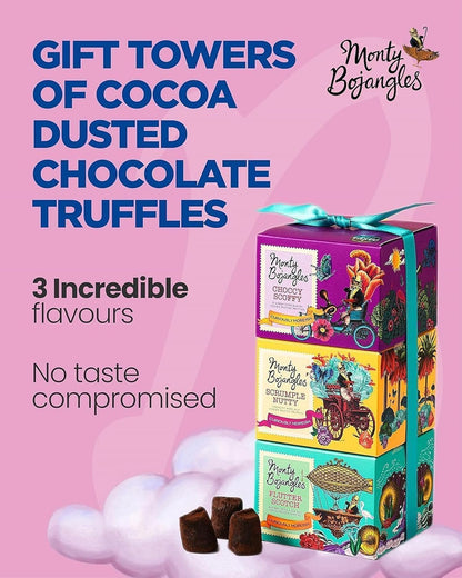 Monty Bojangles Cocoa Dusted Truffles Gift Tower (3 x 100g Pack)- 3 Luxury Chocolate Truffle Boxes - Choccy Scoffy, Scrumple Nutty & Flutter Scotch- The Perfect Chocolate Gift Box Selection