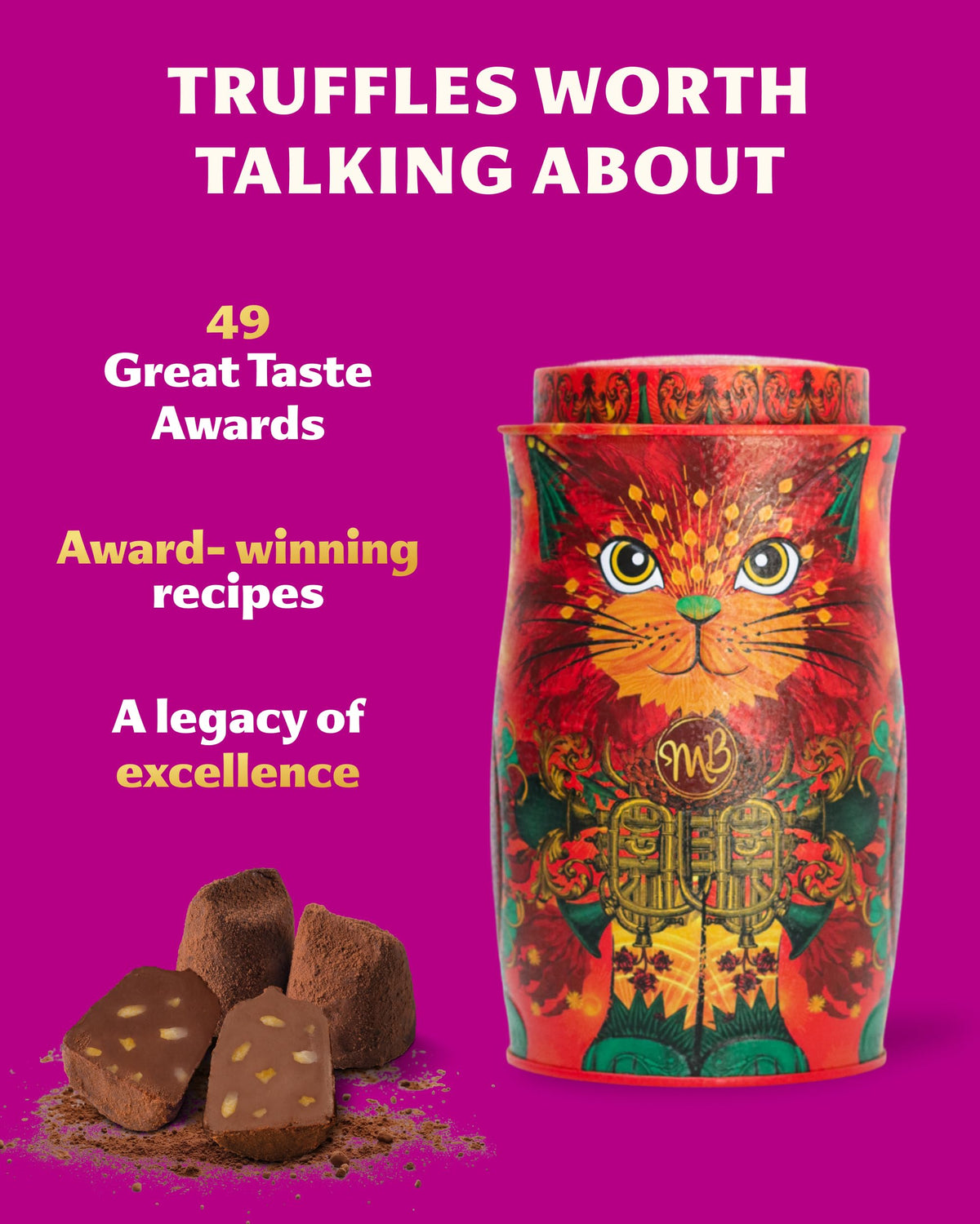 Monty Bojangles Kit-Tins Cocoa Dusted Chocolate Truffles Gift Set (4 x 36g) Four Flavours In One, Luxury Chocolatey Truffles - Collectable Cat Tins, Truffles Chocolate Gift Box With Bespoke Design