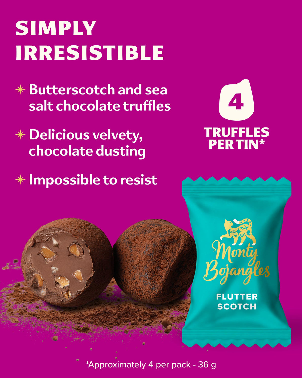 Monty Bojangles Kit-Tins Cocoa Dusted Chocolate Truffles Gift Set (4 x 36g) Four Flavours In One, Luxury Chocolatey Truffles - Collectable Cat Tins, Truffles Chocolate Gift Box With Bespoke Design