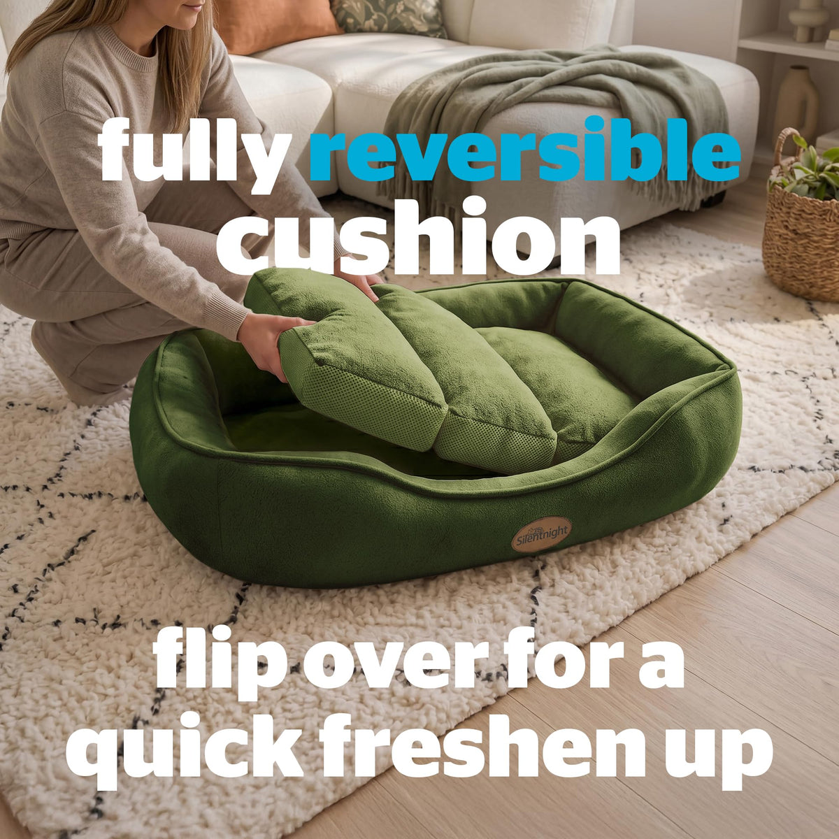 Silentnight Airmax Pet Bed - Comfortable Support for Head & Body - Breathable Prevent Overheating - Reversible Removable Cushion & Non-Slip Base - Easy Clean Machine Washable Dog Bed, Green, Small