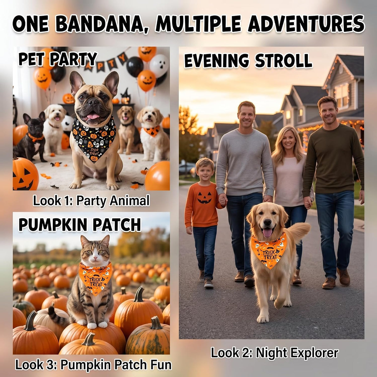 2Pcs Dog Halloween Costume, Pet Triangle Bandana, Black Orange Pumpkin Ghost Print Soft Bandanas, for Large Medium Small Dogs Cats, Halloween Cosplay Party Costumes, Holiday Photo Accessories