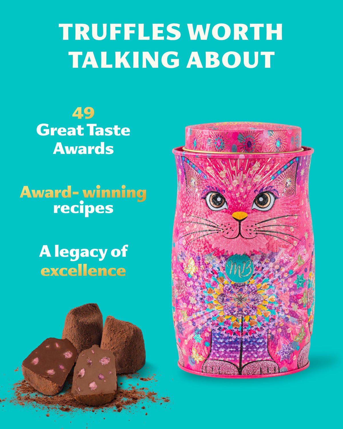 Monty Bojangles Kit-Tins Cocoa Dusted Chocolate Truffles Gift Set (4 x 36g) Four Flavours In One, Luxury Chocolatey Truffles - Collectable Cat Tins, Truffles Chocolate Gift Box With Bespoke Design