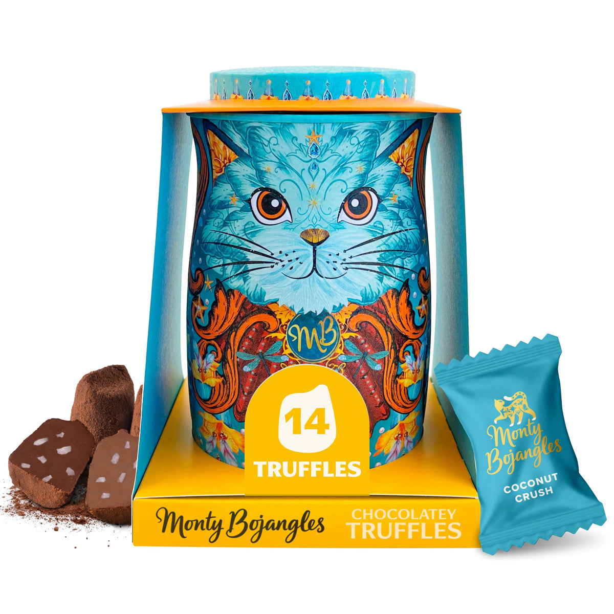 Monty Bojangles Kit-Tins Cocoa Dusted Chocolate Truffles Gift Set (4 x 36g) Four Flavours In One, Luxury Chocolatey Truffles - Collectable Cat Tins, Truffles Chocolate Gift Box With Bespoke Design