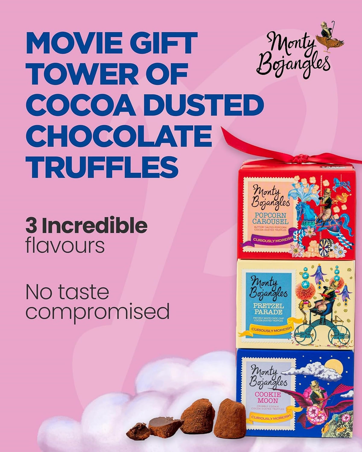 Monty Bojangles Cocoa Dusted Truffles Gift Tower (3 x 100g Pack)- 3 Luxury Chocolate Truffle Boxes - Choccy Scoffy, Scrumple Nutty & Flutter Scotch- The Perfect Chocolate Gift Box Selection