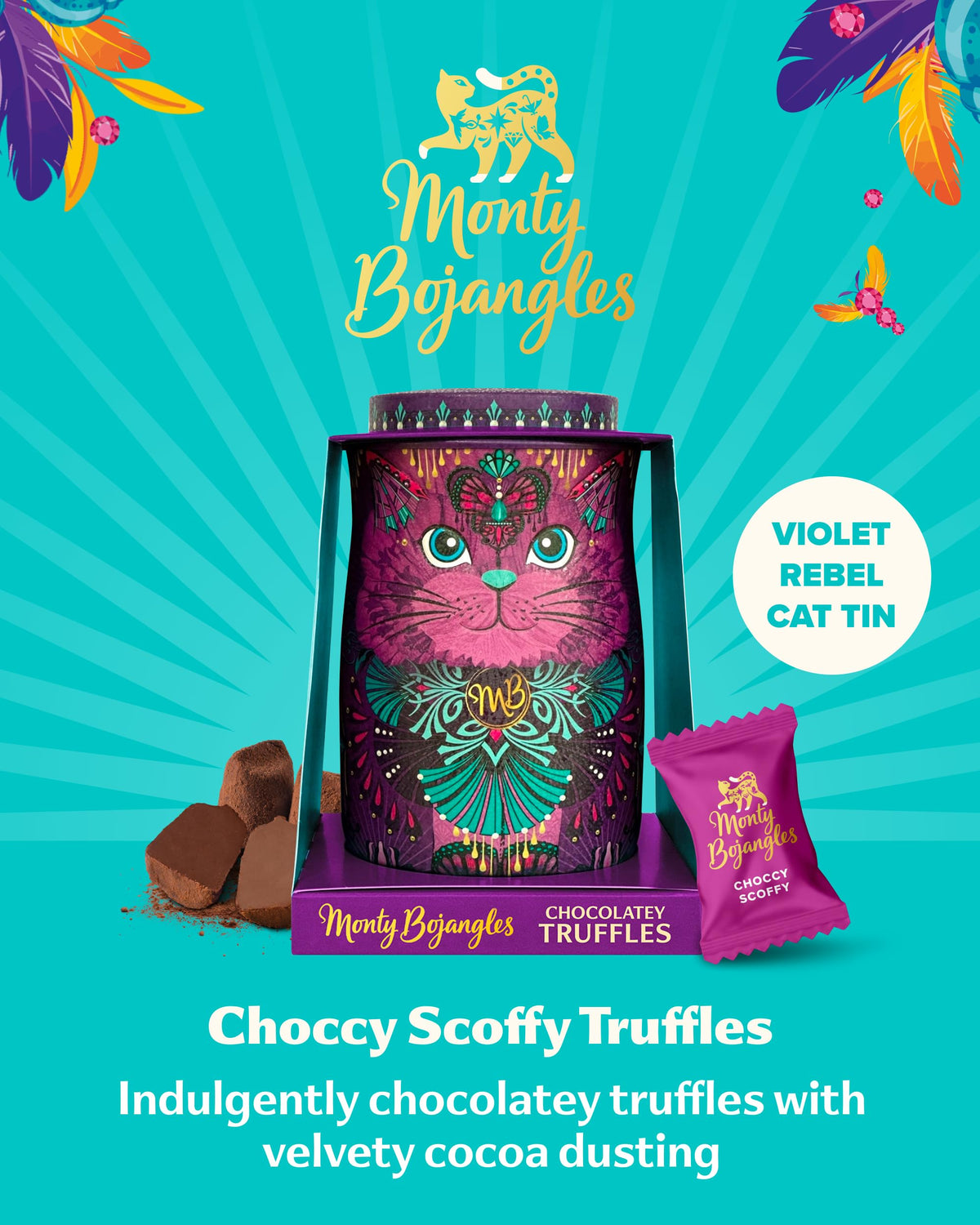 Monty Bojangles Kit-Tins Cocoa Dusted Chocolate Truffles Gift Set (4 x 36g) Four Flavours In One, Luxury Chocolatey Truffles - Collectable Cat Tins, Truffles Chocolate Gift Box With Bespoke Design