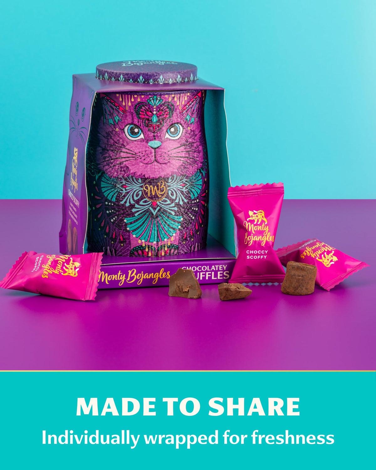 Monty Bojangles Kit-Tins Cocoa Dusted Chocolate Truffles Gift Set (4 x 36g) Four Flavours In One, Luxury Chocolatey Truffles - Collectable Cat Tins, Truffles Chocolate Gift Box With Bespoke Design