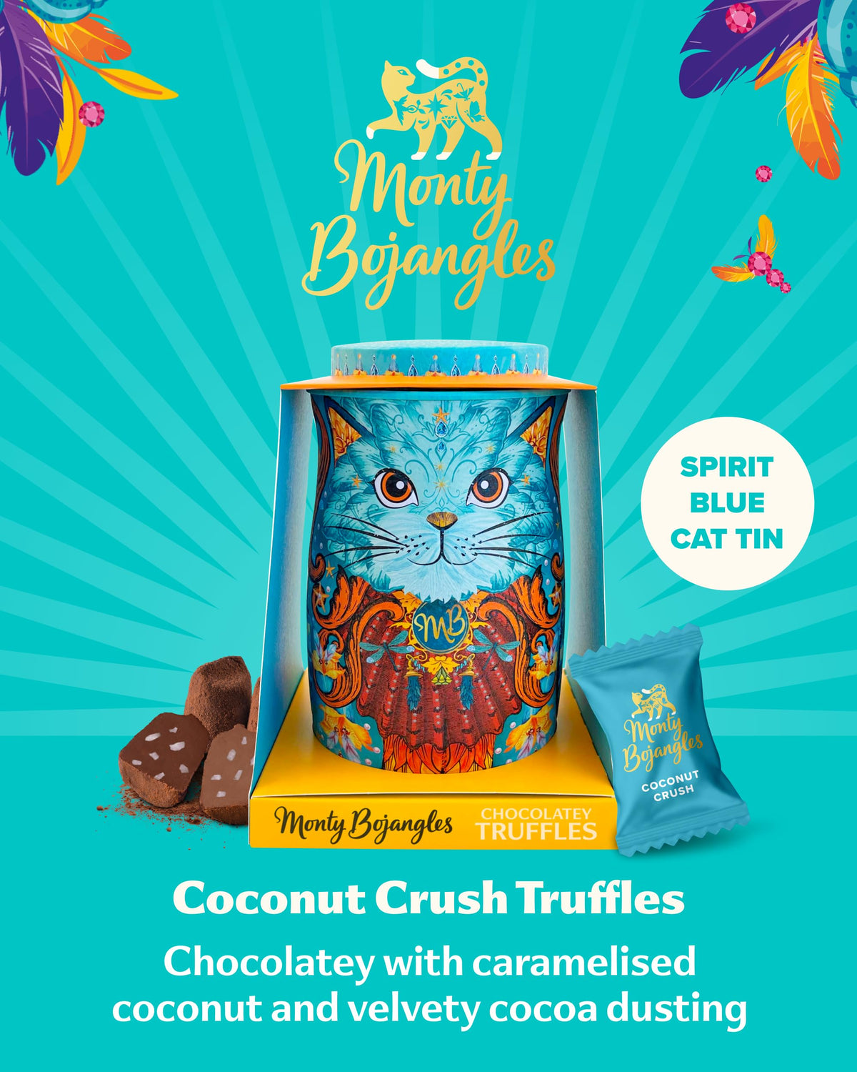 Monty Bojangles Kit-Tins Cocoa Dusted Chocolate Truffles Gift Set (4 x 36g) Four Flavours In One, Luxury Chocolatey Truffles - Collectable Cat Tins, Truffles Chocolate Gift Box With Bespoke Design