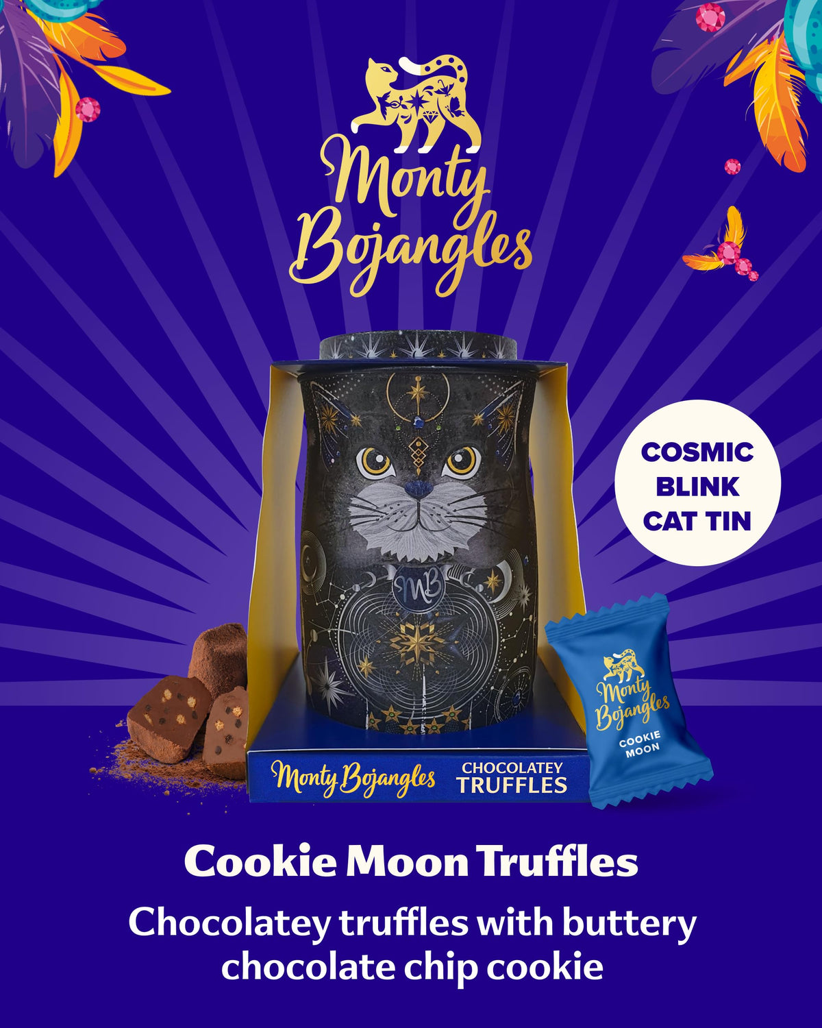 Monty Bojangles Kit-Tins Cocoa Dusted Chocolate Truffles Gift Set (4 x 36g) Four Flavours In One, Luxury Chocolatey Truffles - Collectable Cat Tins, Truffles Chocolate Gift Box With Bespoke Design