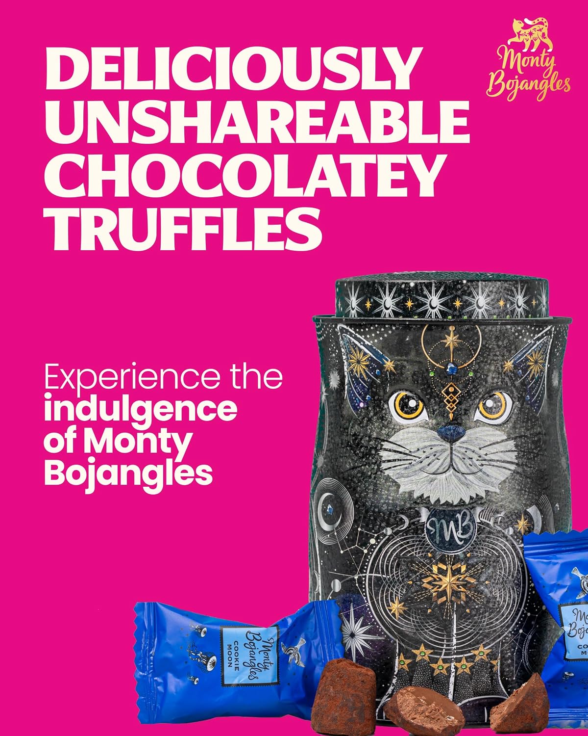 Monty Bojangles Kit-Tins Cocoa Dusted Chocolate Truffles Gift Set (4 x 36g) Four Flavours In One, Luxury Chocolatey Truffles - Collectable Cat Tins, Truffles Chocolate Gift Box With Bespoke Design