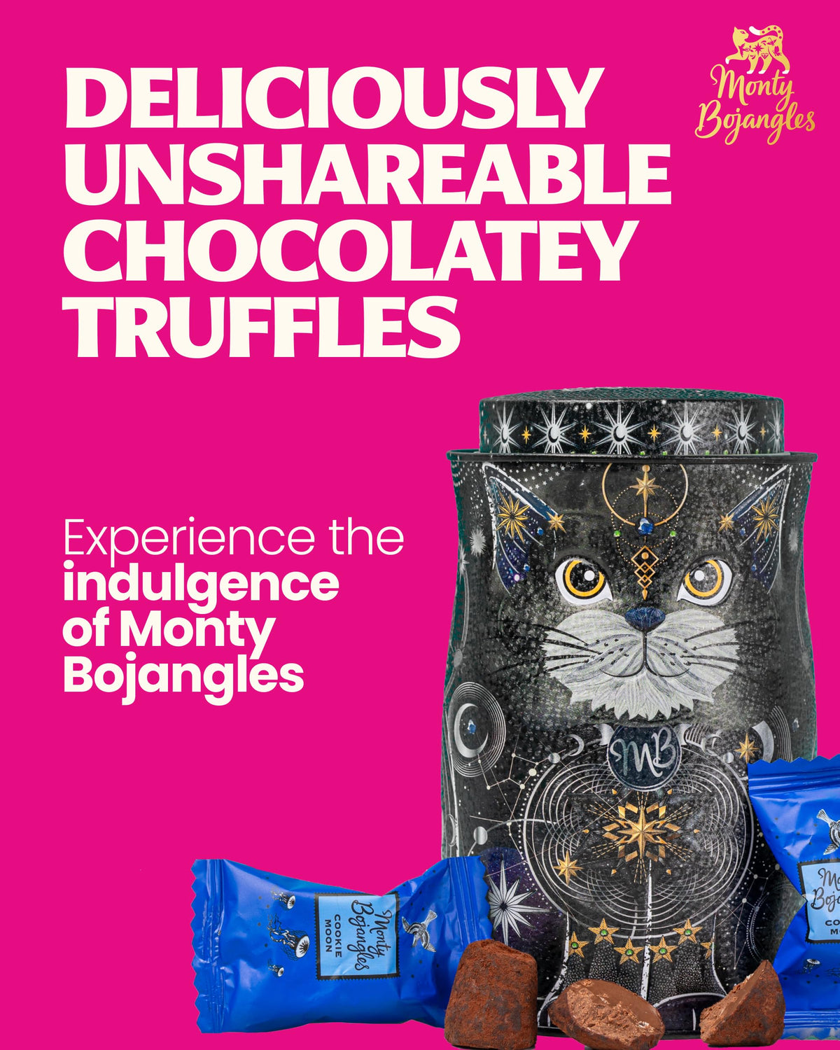 Monty Bojangles Kit-Tins Cocoa Dusted Chocolate Truffles Gift Set (4 x 36g) Four Flavours In One, Luxury Chocolatey Truffles - Collectable Cat Tins, Truffles Chocolate Gift Box With Bespoke Design