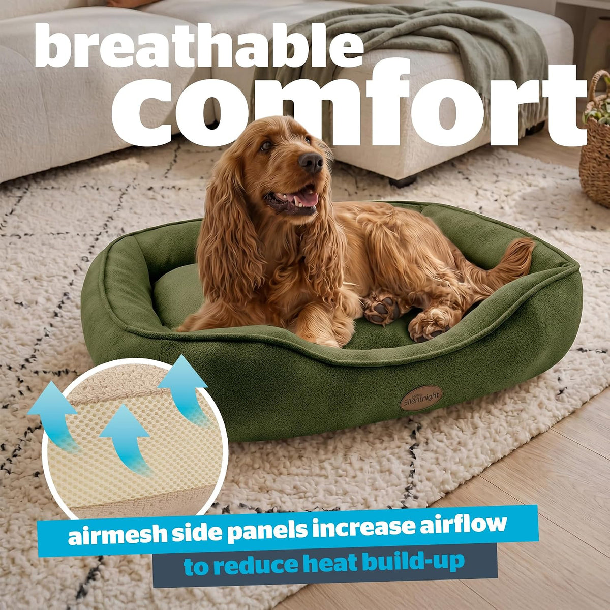 Silentnight Airmax Pet Bed - Comfortable Support for Head & Body - Breathable Prevent Overheating - Reversible Removable Cushion & Non-Slip Base - Easy Clean Machine Washable Dog Bed, Green, Small