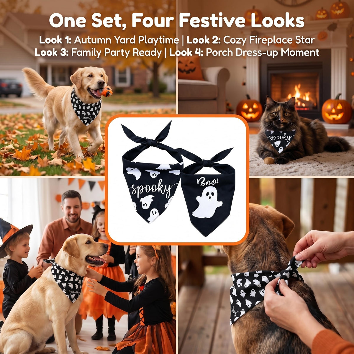 2Pcs Dog Halloween Costume, Pet Triangle Bandana, Black Orange Pumpkin Ghost Print Soft Bandanas, for Large Medium Small Dogs Cats, Halloween Cosplay Party Costumes, Holiday Photo Accessories