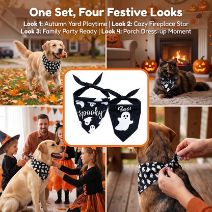 2Pcs Dog Halloween Costume, Pet Triangle Bandana, Black Orange Pumpkin Ghost Print Soft Bandanas, for Large Medium Small Dogs Cats, Halloween Cosplay Party Costumes, Holiday Photo Accessories