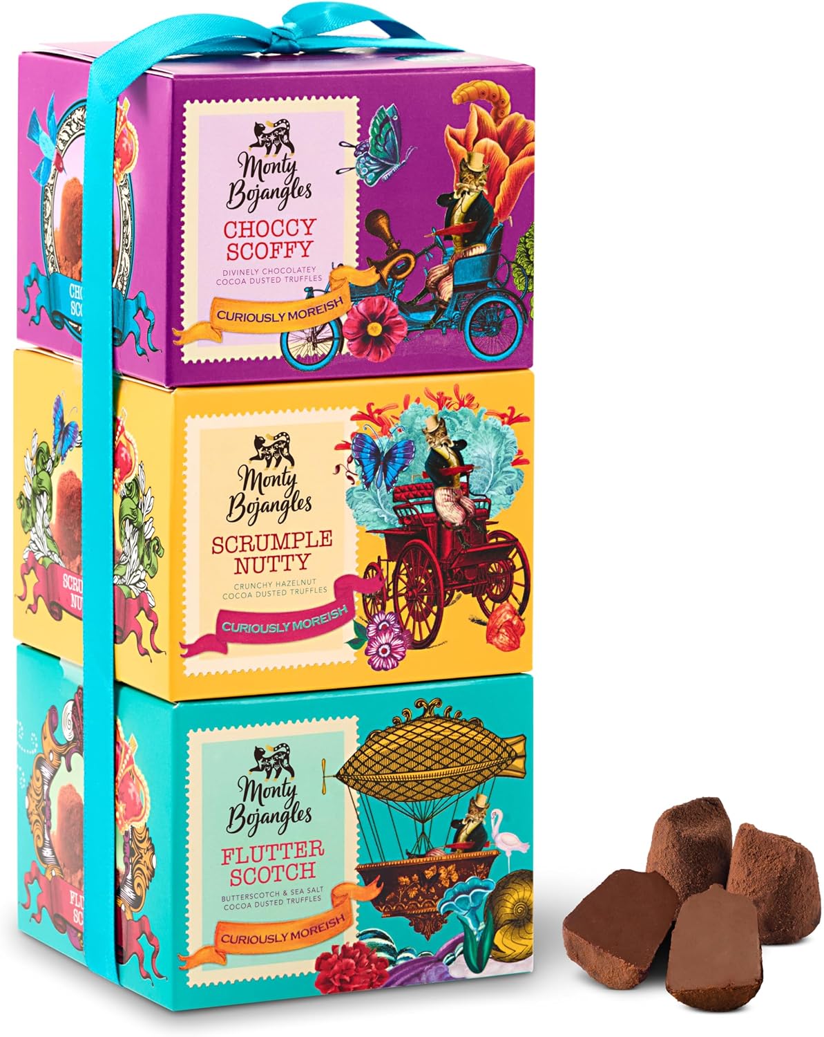 Monty Bojangles Cocoa Dusted Truffles Gift Tower (3 x 100g Pack)- 3 Luxury Chocolate Truffle Boxes - Choccy Scoffy, Scrumple Nutty & Flutter Scotch- The Perfect Chocolate Gift Box Selection