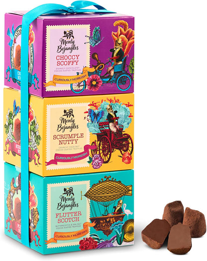 Monty Bojangles Cocoa Dusted Truffles Gift Tower (3 x 100g Pack)- 3 Luxury Chocolate Truffle Boxes - Choccy Scoffy, Scrumple Nutty & Flutter Scotch- The Perfect Chocolate Gift Box Selection