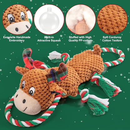 Christmas Squeaky Dog Toys for Small Breeds Dogs,Reindeer Dog Plush Stuffed Toys,Dog Chew Ropes Toys with Crinkle Paper and Cotton Material