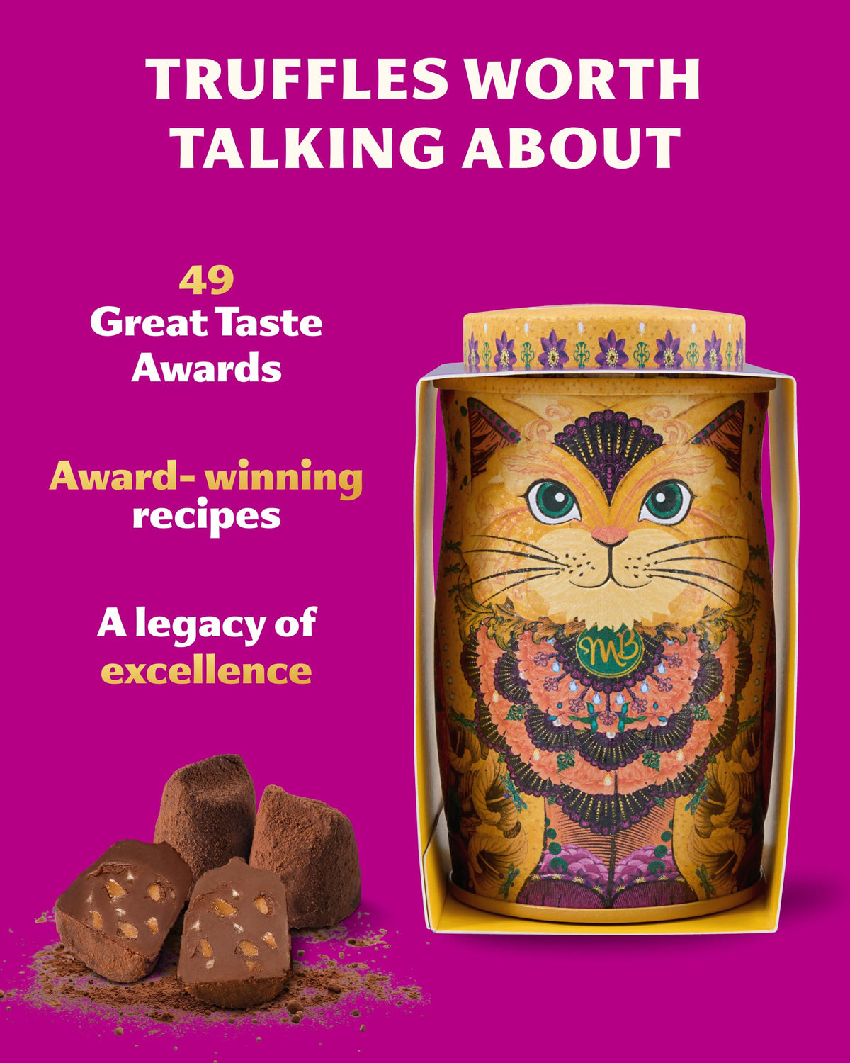 Monty Bojangles Kit-Tins Cocoa Dusted Chocolate Truffles Gift Set (4 x 36g) Four Flavours In One, Luxury Chocolatey Truffles - Collectable Cat Tins, Truffles Chocolate Gift Box With Bespoke Design