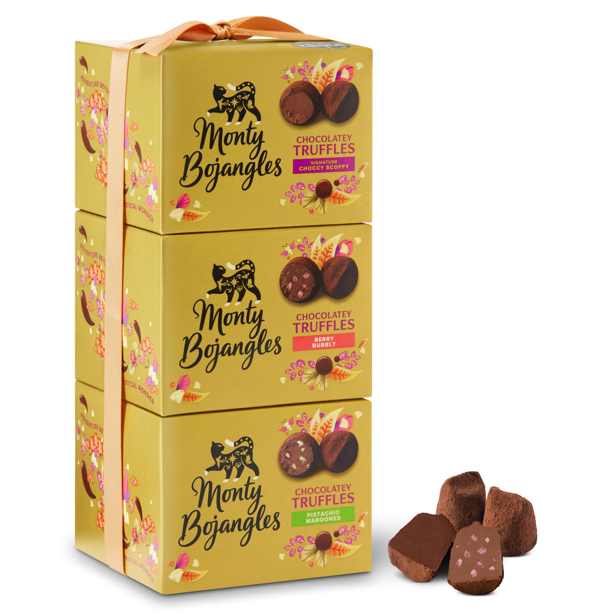 Monty Bojangles Cocoa Dusted Truffles Gift Tower (3 x 100g Pack)- 3 Luxury Chocolate Truffle Boxes - Choccy Scoffy, Scrumple Nutty & Flutter Scotch- The Perfect Chocolate Gift Box Selection
