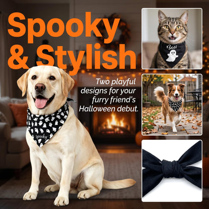 2Pcs Dog Halloween Costume, Pet Triangle Bandana, Black Orange Pumpkin Ghost Print Soft Bandanas, for Large Medium Small Dogs Cats, Halloween Cosplay Party Costumes, Holiday Photo Accessories
