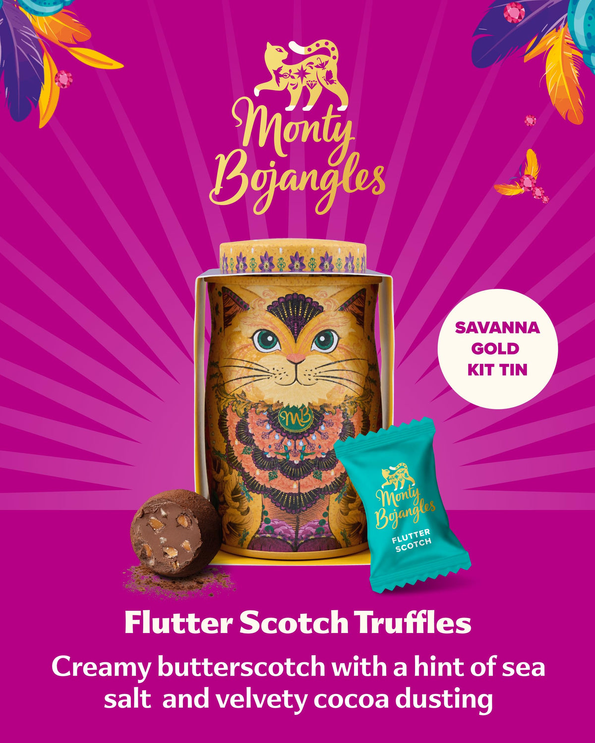 Monty Bojangles Kit-Tins Cocoa Dusted Chocolate Truffles Gift Set (4 x 36g) Four Flavours In One, Luxury Chocolatey Truffles - Collectable Cat Tins, Truffles Chocolate Gift Box With Bespoke Design