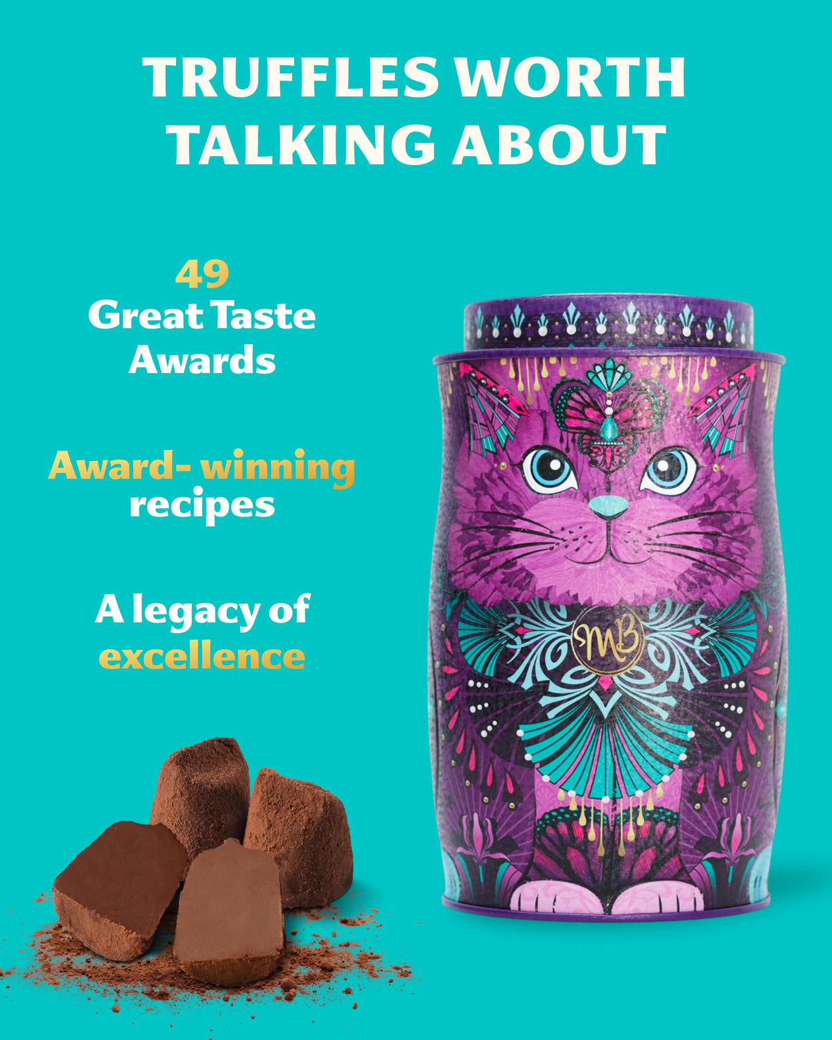 Monty Bojangles Kit-Tins Cocoa Dusted Chocolate Truffles Gift Set (4 x 36g) Four Flavours In One, Luxury Chocolatey Truffles - Collectable Cat Tins, Truffles Chocolate Gift Box With Bespoke Design