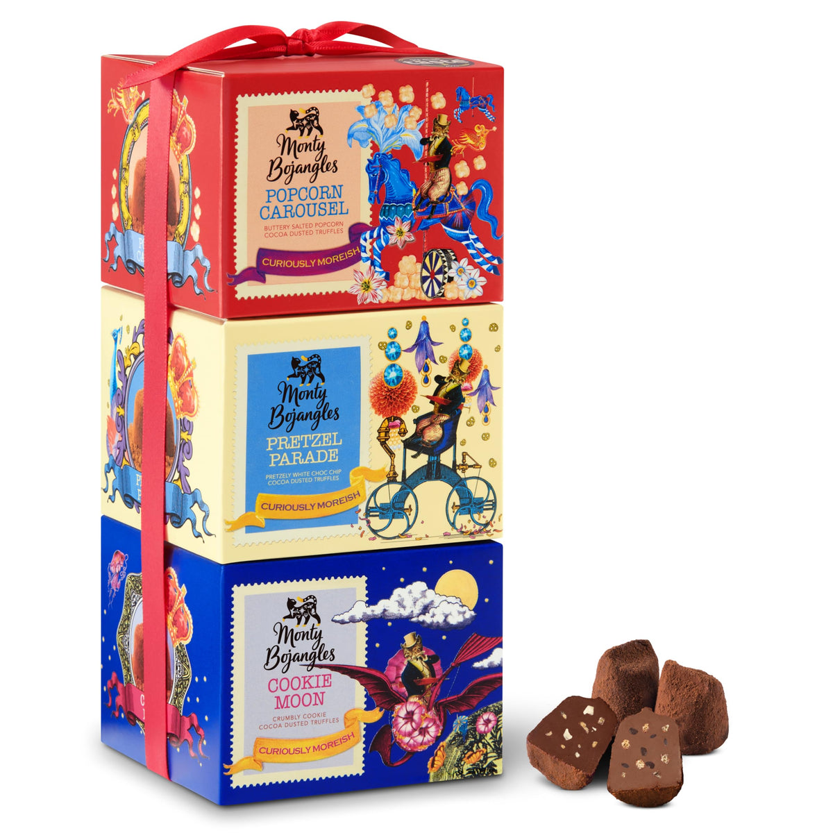Monty Bojangles Cocoa Dusted Truffles Gift Tower (3 x 100g Pack)- 3 Luxury Chocolate Truffle Boxes - Choccy Scoffy, Scrumple Nutty & Flutter Scotch- The Perfect Chocolate Gift Box Selection