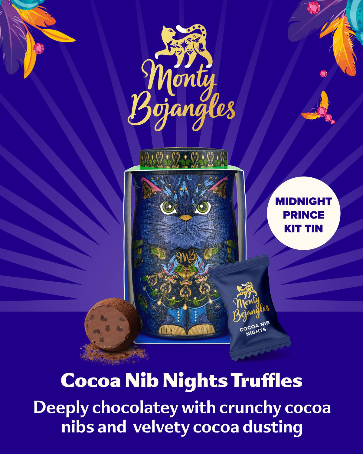 Monty Bojangles Kit-Tins Cocoa Dusted Chocolate Truffles Gift Set (4 x 36g) Four Flavours In One, Luxury Chocolatey Truffles - Collectable Cat Tins, Truffles Chocolate Gift Box With Bespoke Design