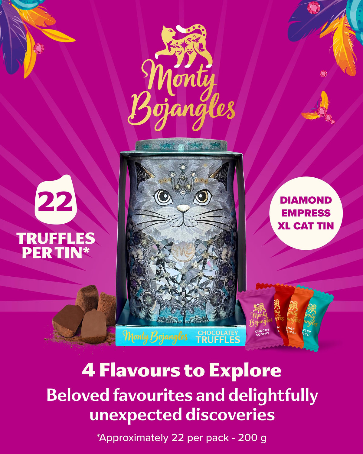 Monty Bojangles Kit-Tins Cocoa Dusted Chocolate Truffles Gift Set (4 x 36g) Four Flavours In One, Luxury Chocolatey Truffles - Collectable Cat Tins, Truffles Chocolate Gift Box With Bespoke Design