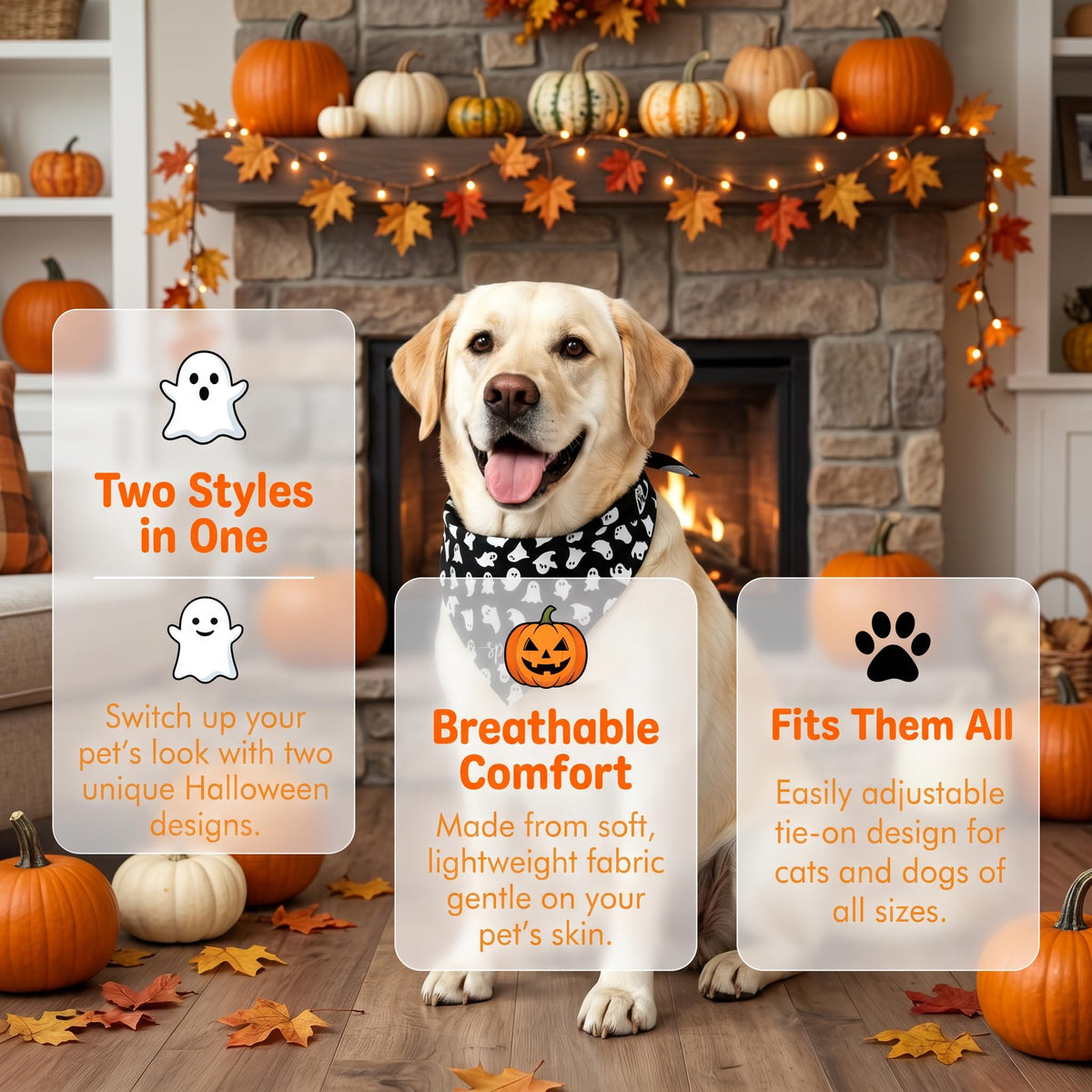 2Pcs Dog Halloween Costume, Pet Triangle Bandana, Black Orange Pumpkin Ghost Print Soft Bandanas, for Large Medium Small Dogs Cats, Halloween Cosplay Party Costumes, Holiday Photo Accessories