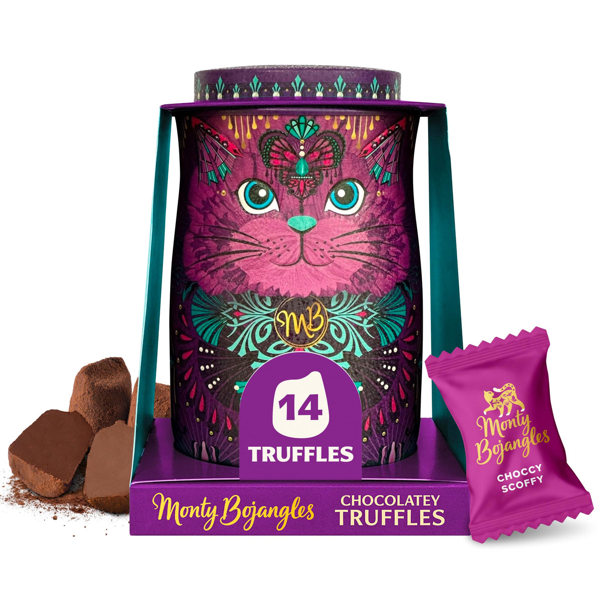 Monty Bojangles Kit-Tins Cocoa Dusted Chocolate Truffles Gift Set (4 x 36g) Four Flavours In One, Luxury Chocolatey Truffles - Collectable Cat Tins, Truffles Chocolate Gift Box With Bespoke Design