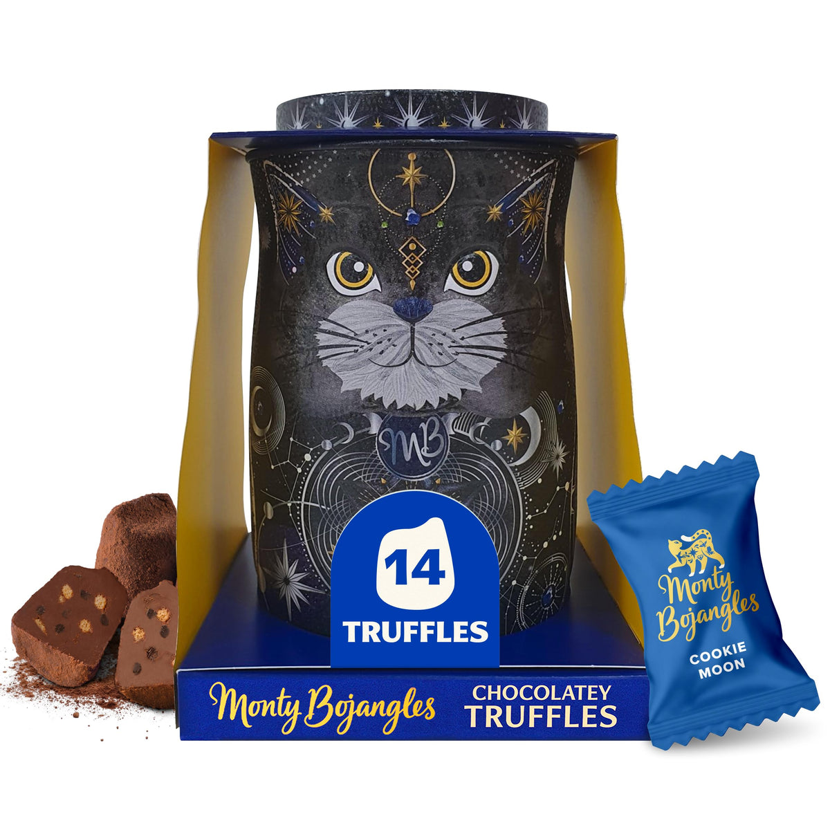 Monty Bojangles Kit-Tins Cocoa Dusted Chocolate Truffles Gift Set (4 x 36g) Four Flavours In One, Luxury Chocolatey Truffles - Collectable Cat Tins, Truffles Chocolate Gift Box With Bespoke Design